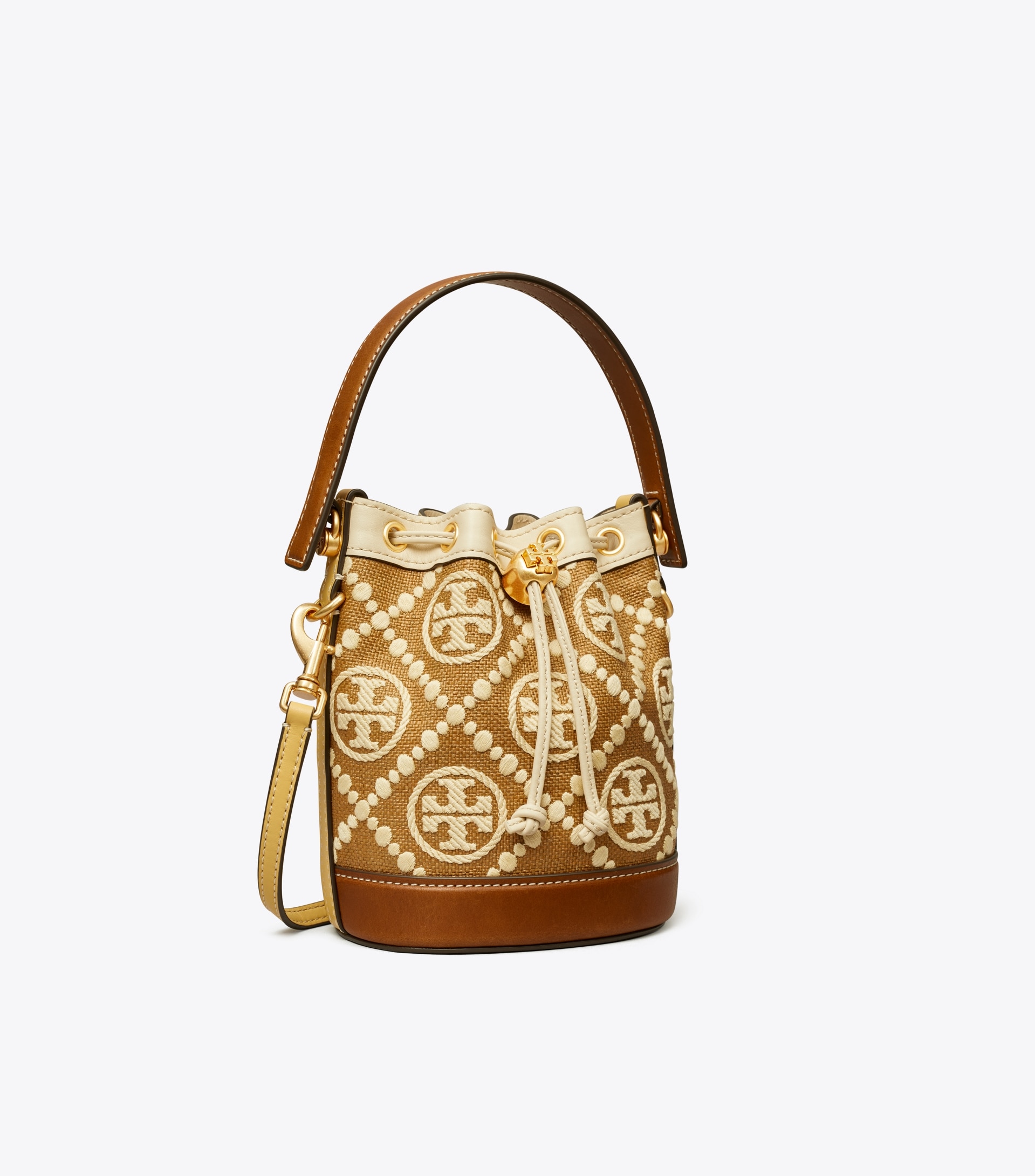 T MONOGRAM EMBROIDERED RAFFIA MINI BUCKET BAG
