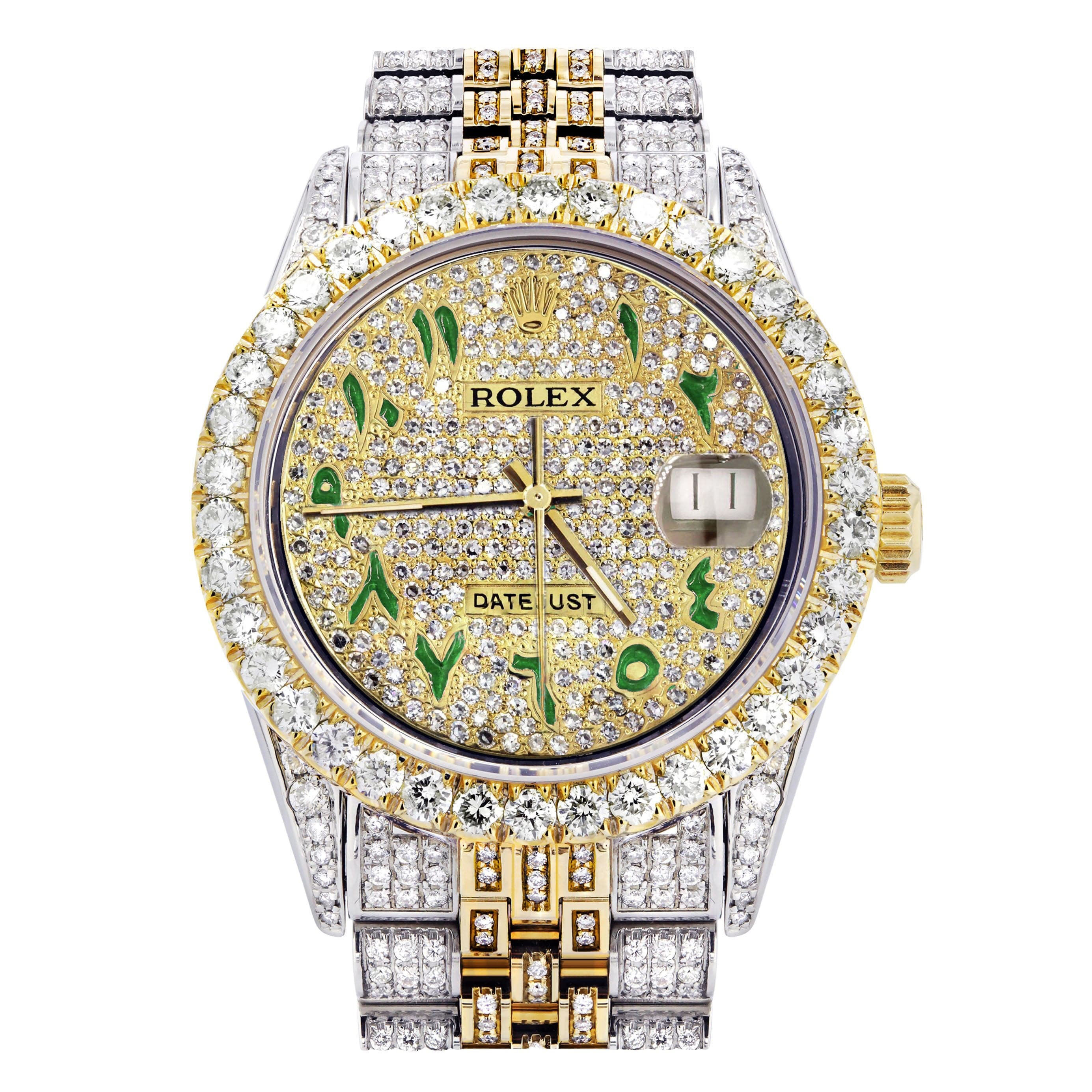 Iced Out ROLEX Datejust 36 MM | Two Tone | Full Diamond Green Arabic Diamond Dial