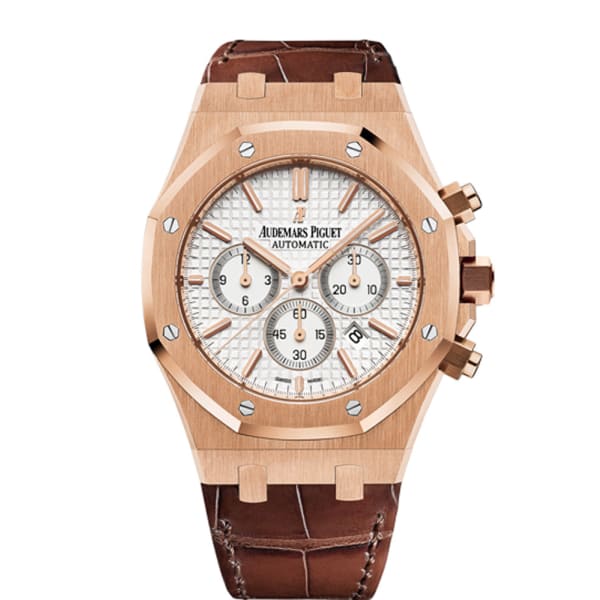 AUDEMARS PIGUET Royal Oak Chronograph 41mm Rose Gold White Dial Leather Strap Watch