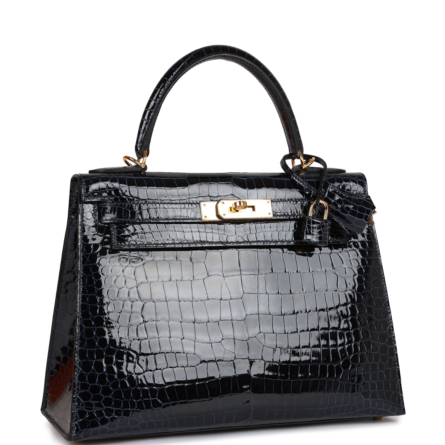 Hermès Kelly Sellier 28 Bleu Baltique Shiny Porosus Crocodile Gold Hardware