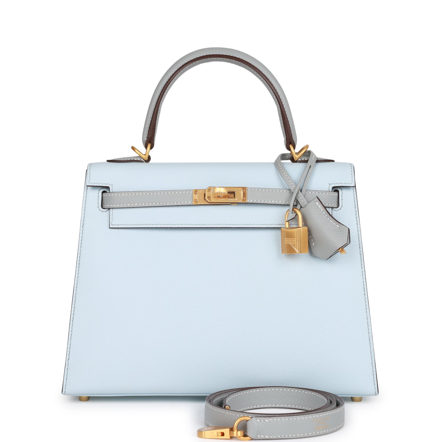 Hermès Special Order (HSS) Kelly Sellier 25 Bleu Brume and Bleu Glacier Epsom Brushed Gold Hardware