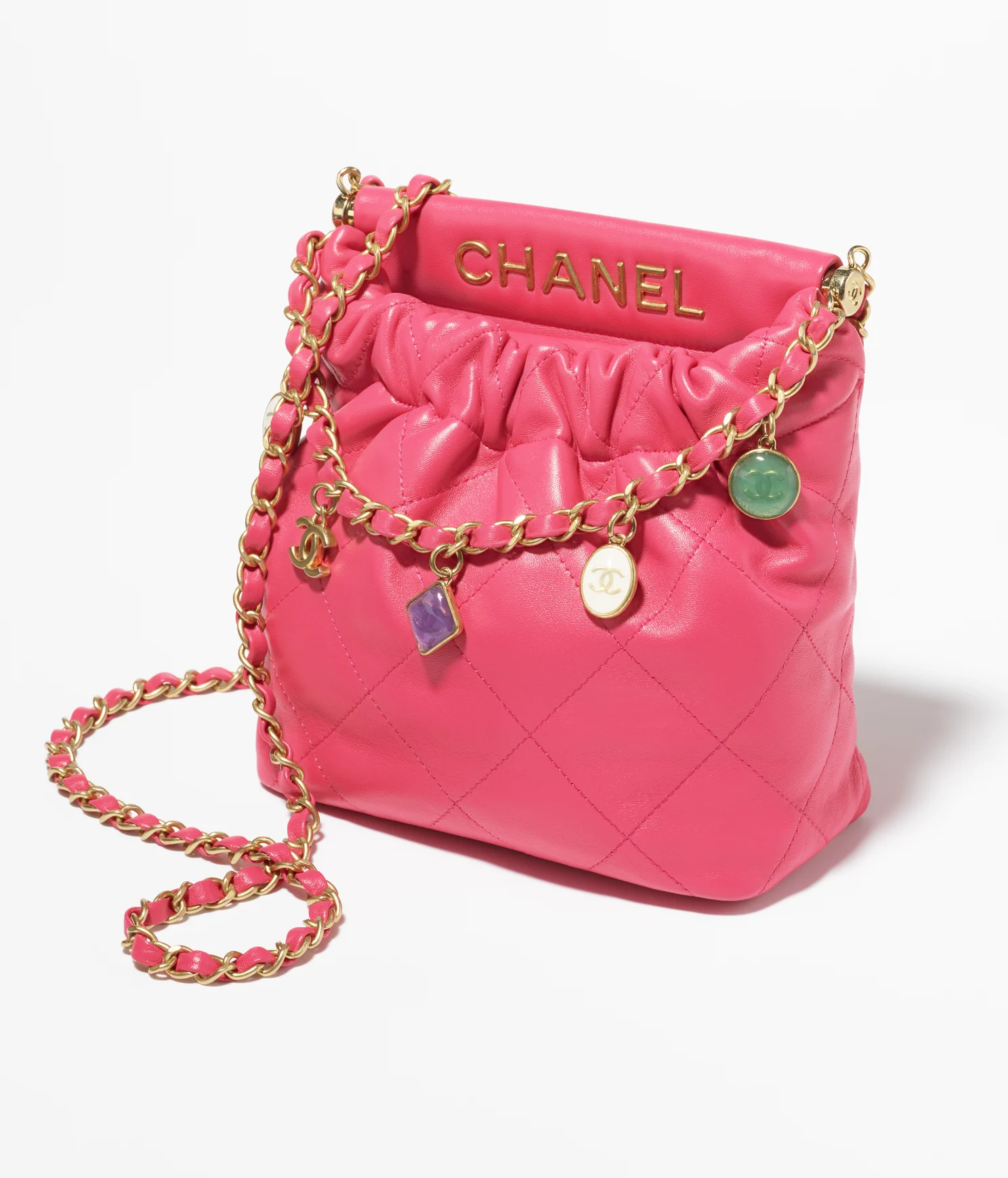 SMALL BUCKET BAG Lambskin, Resin & Gold-Tone Metal Pink