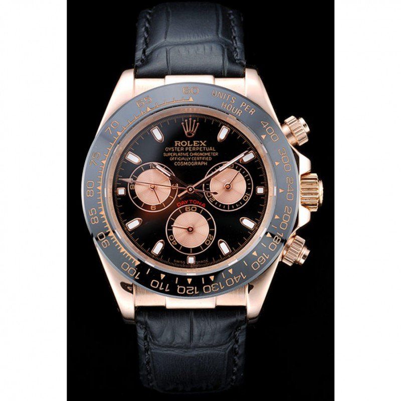 ROLEX Daytona Rose Gold Case Black Dial Black Leather Strap