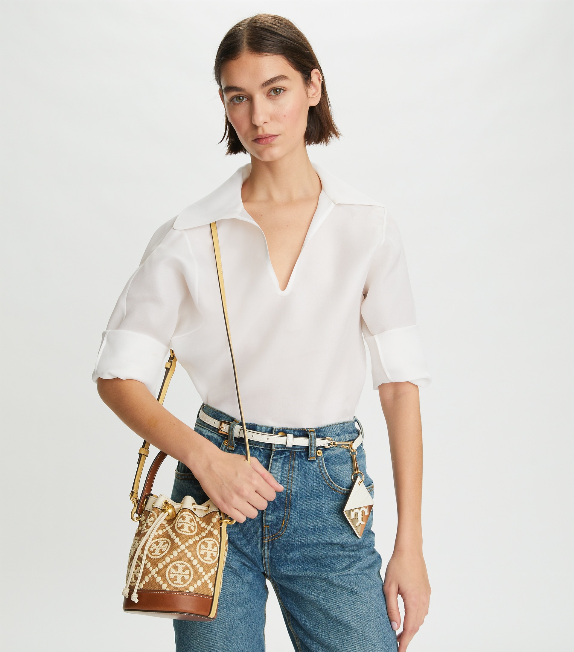 T MONOGRAM EMBROIDERED RAFFIA MINI BUCKET BAG