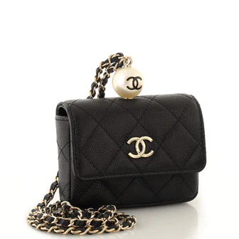 Chanel CC Pearl Coin Card Holder with Chain Quilted Caviar
