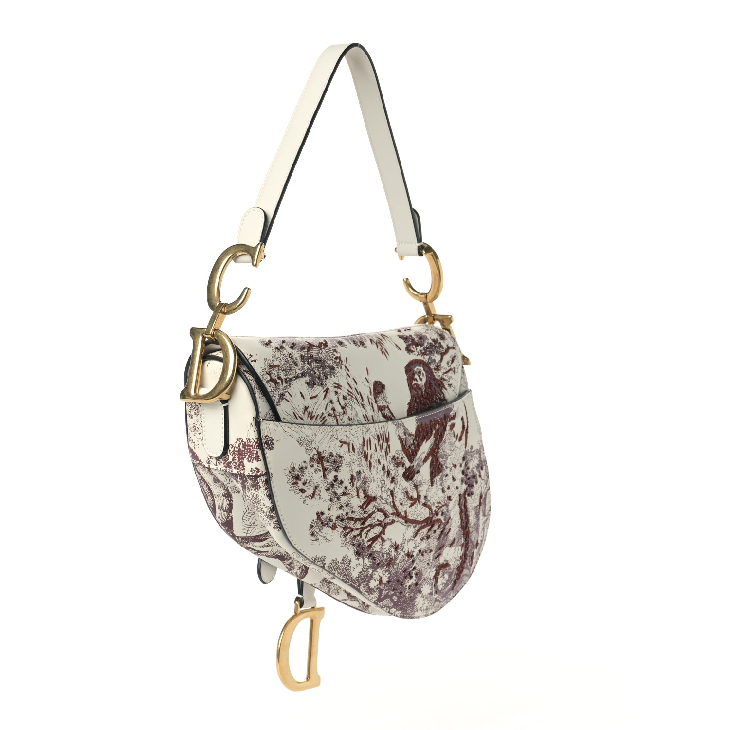 CHRISTIAN DIOR Calfskin Embroidered Toile de Jouy Saddle Bag Burgundy