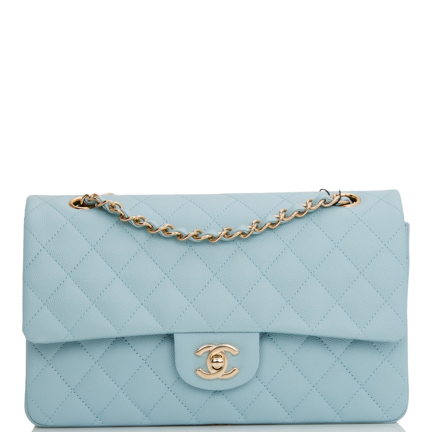 Chanel Medium Classic Double Flap Bag Blue Quilted Caviar Light Gold Hardware
