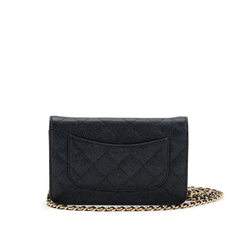 Black Quilted Caviar Wallet on Chain Gold Hardware