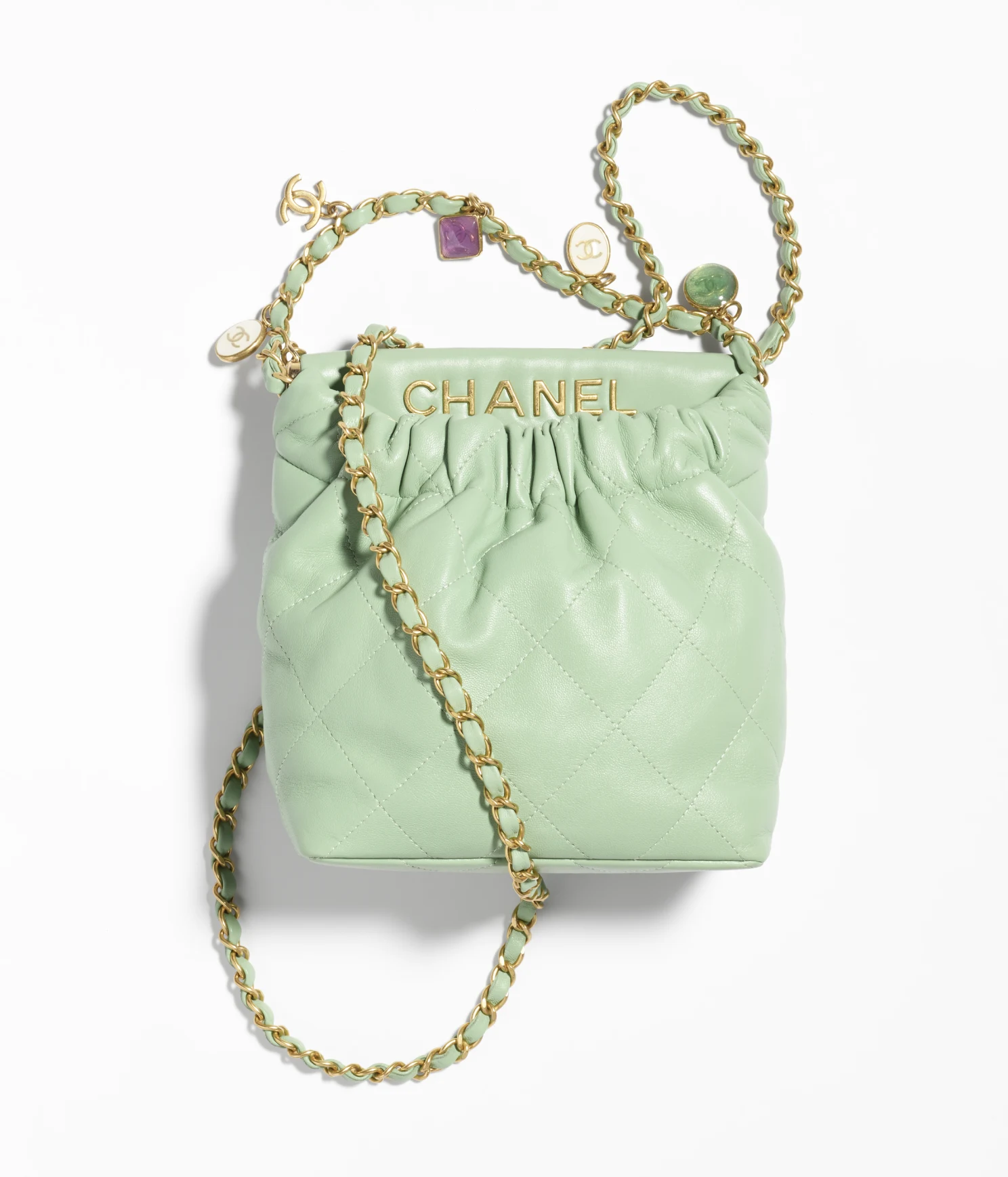 SMALL BUCKET BAG Lambskin, Resin & Gold-Tone Metal Light Green