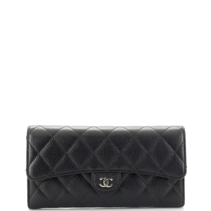 Chanel CC Gusset Classic Flap Wallet Quilted Caviar Long