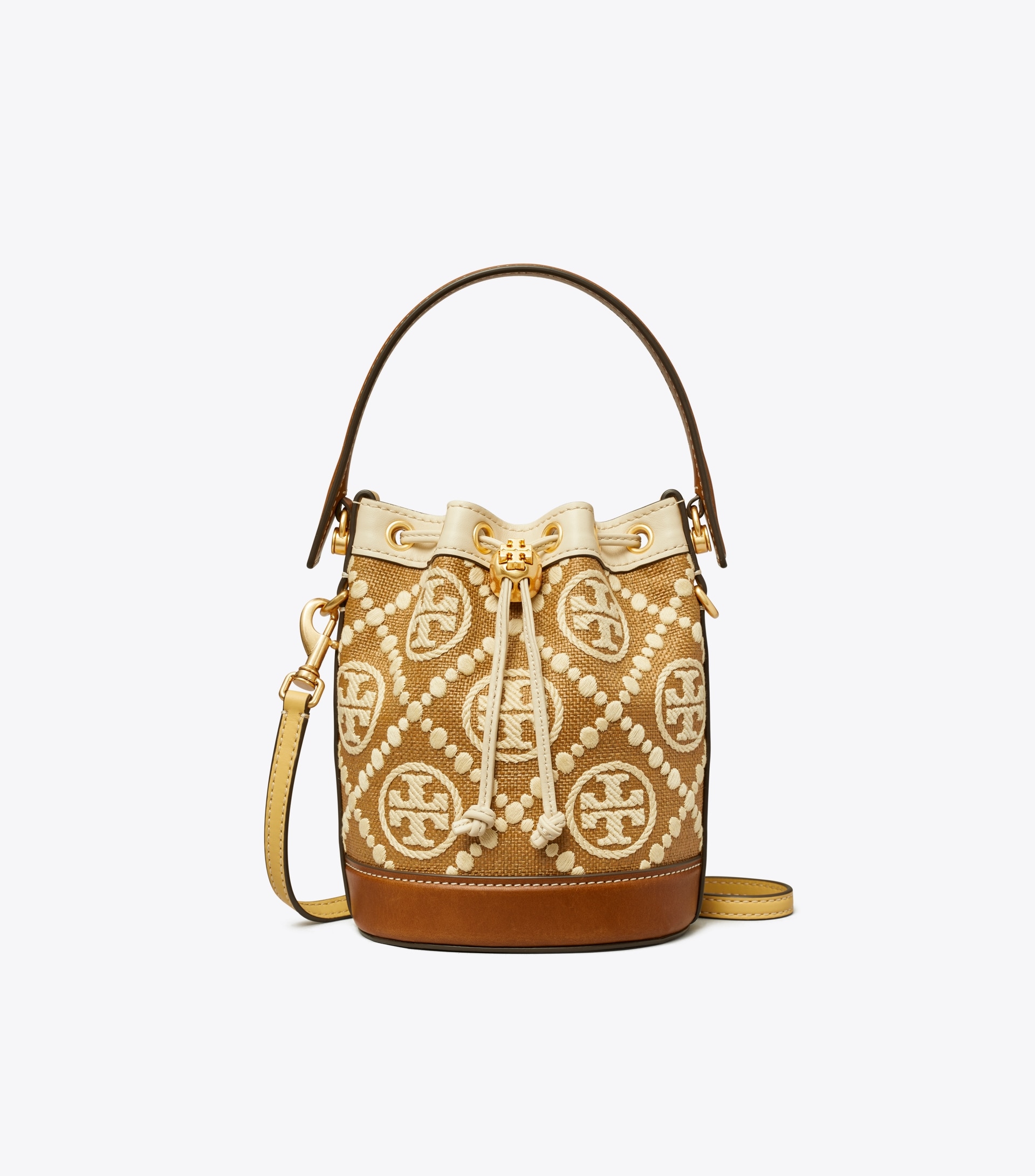 T MONOGRAM EMBROIDERED RAFFIA MINI BUCKET BAG