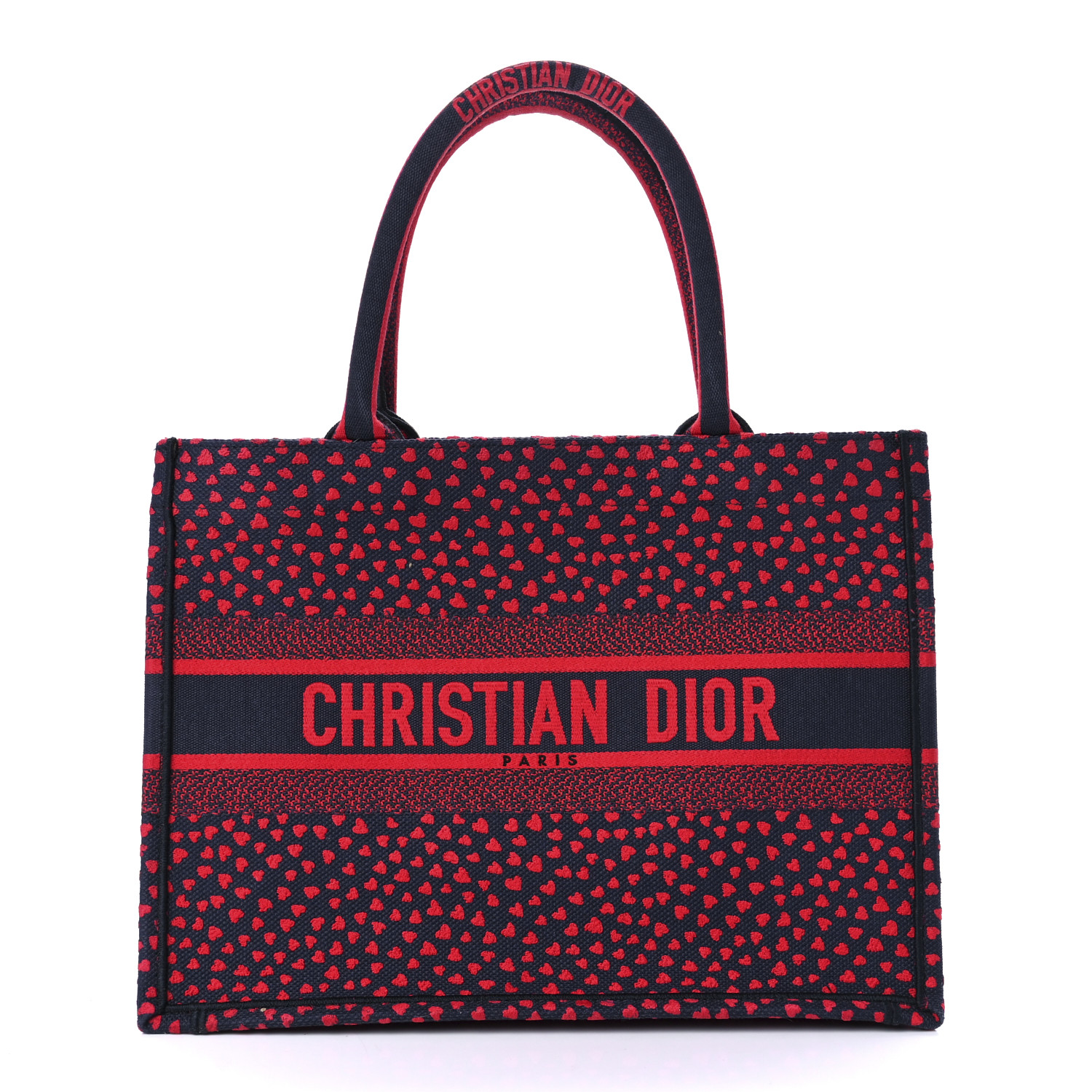 CHRISTIAN DIOR Canvas Embroidered Pop Heart I Love Paris Medium Book Tote Red Multicolor