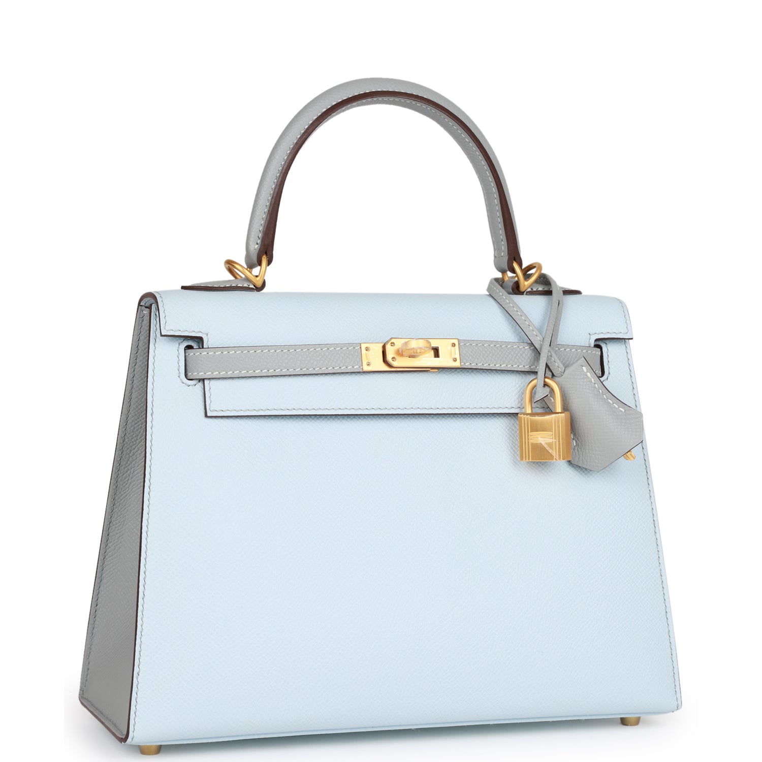 Hermès Special Order (HSS) Kelly Sellier 25 Bleu Brume and Bleu Glacier Epsom Brushed Gold Hardware