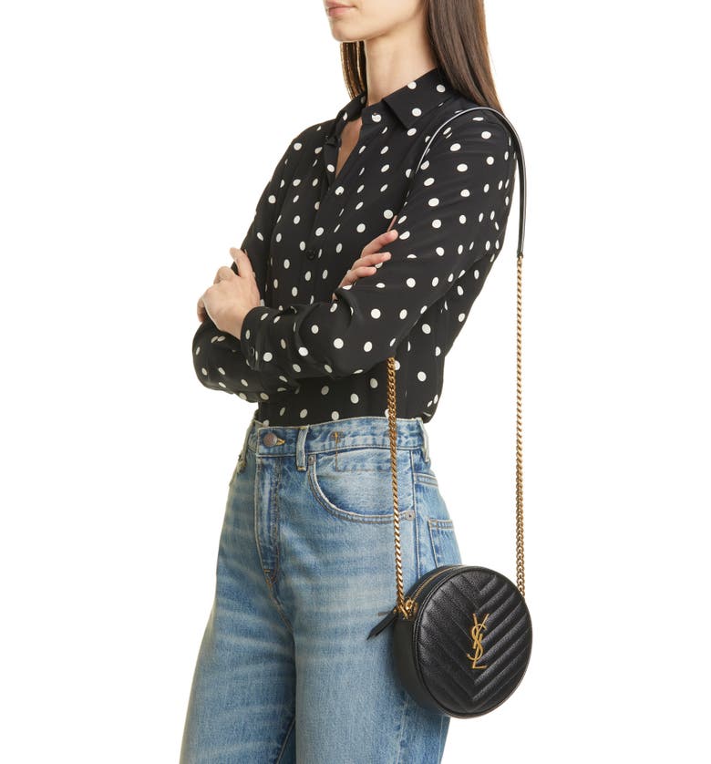 YSL Vinyle Round Camera Bag in Chevron-Quilted Grain de Poudre Embossed Leather