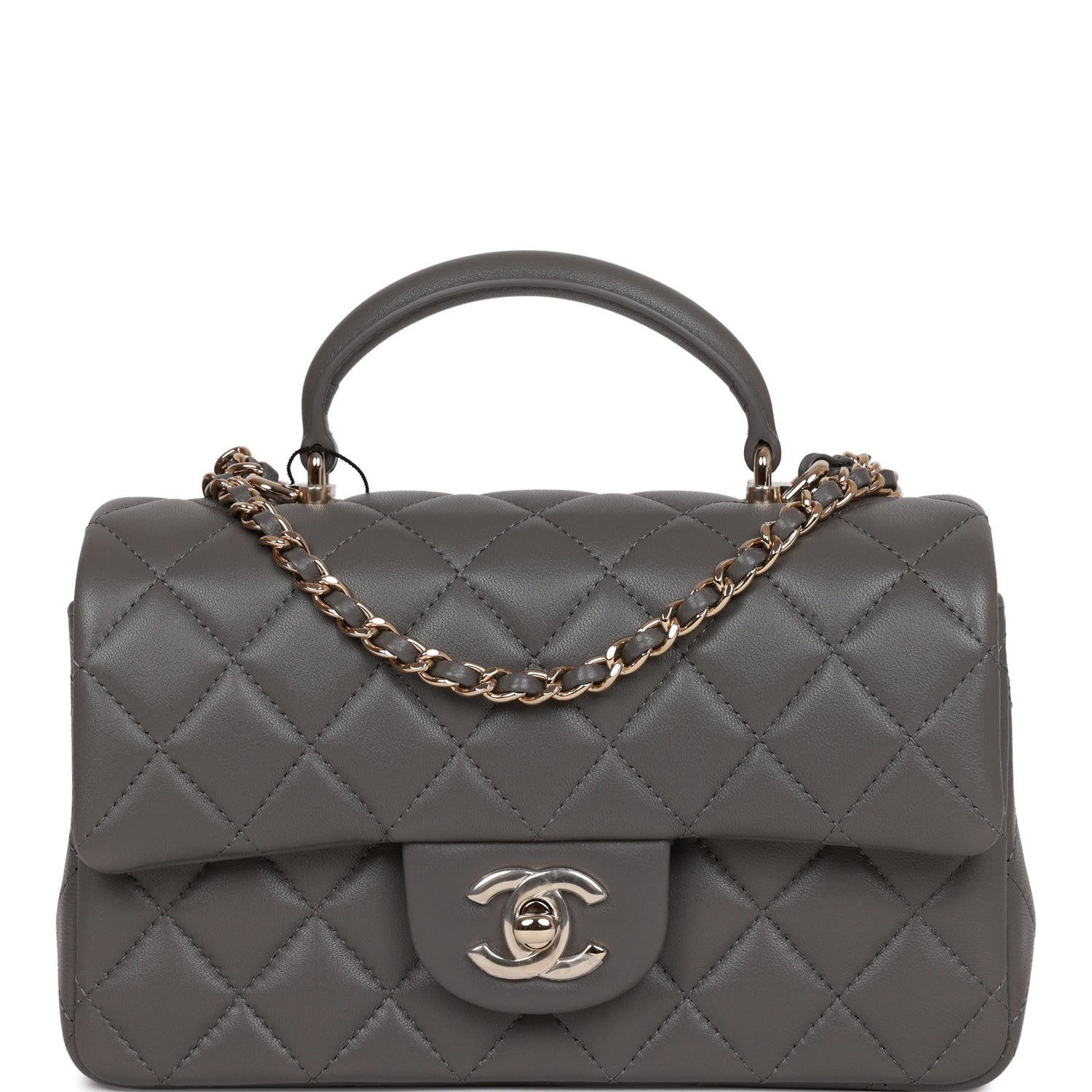 Chanel Mini Rectangular Flap Bag with Top Handle Dark Grey Lambskin Light Gold Hardware