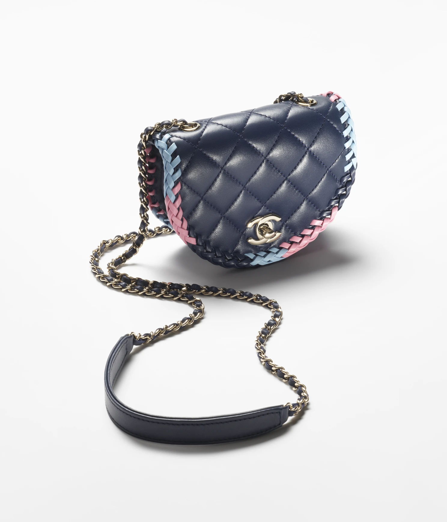 MINI MESSENGER BAG Lambskin & Gold Metal Navy Blue, Light Blue & Pink