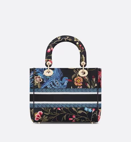 MEDIUM LADY D-LITE BAG Black Multicolor Dior Birds Embroidery