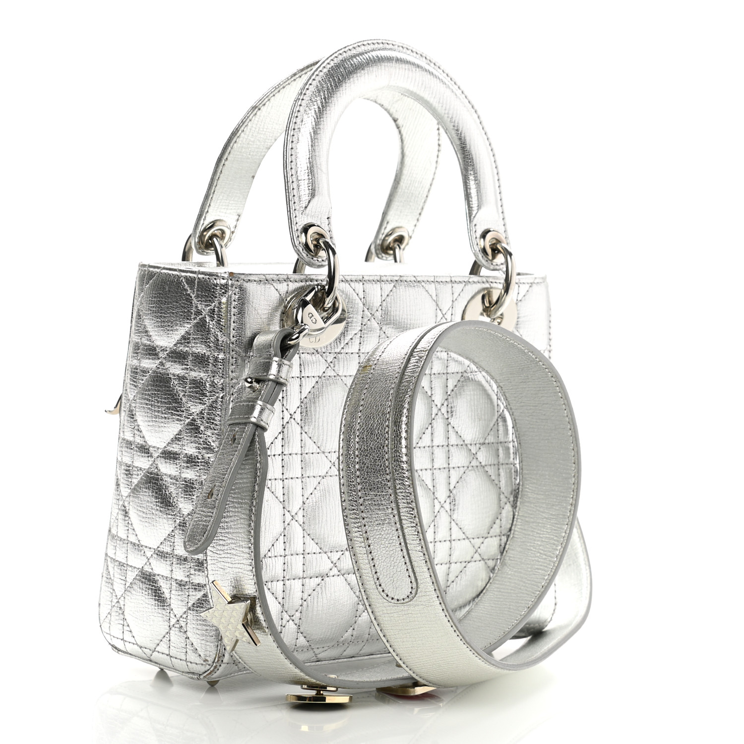 CHRISTIAN DIOR Metallic Grained Calfskin Cannage Small My Lady Dior Silver
