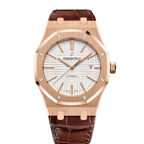AUDEMARS PIGUET Royal Oak Selfwinding Silver-toned dial 41mm Rose Gold Leather Strap Watch