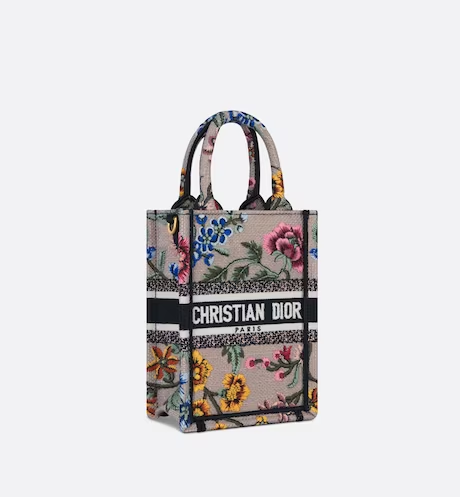 MINI DIOR BOOK TOTE PHONE BAG Pink Multicolor Dior Petites Fleurs Embroidery (13 x 18 x 5 cm)