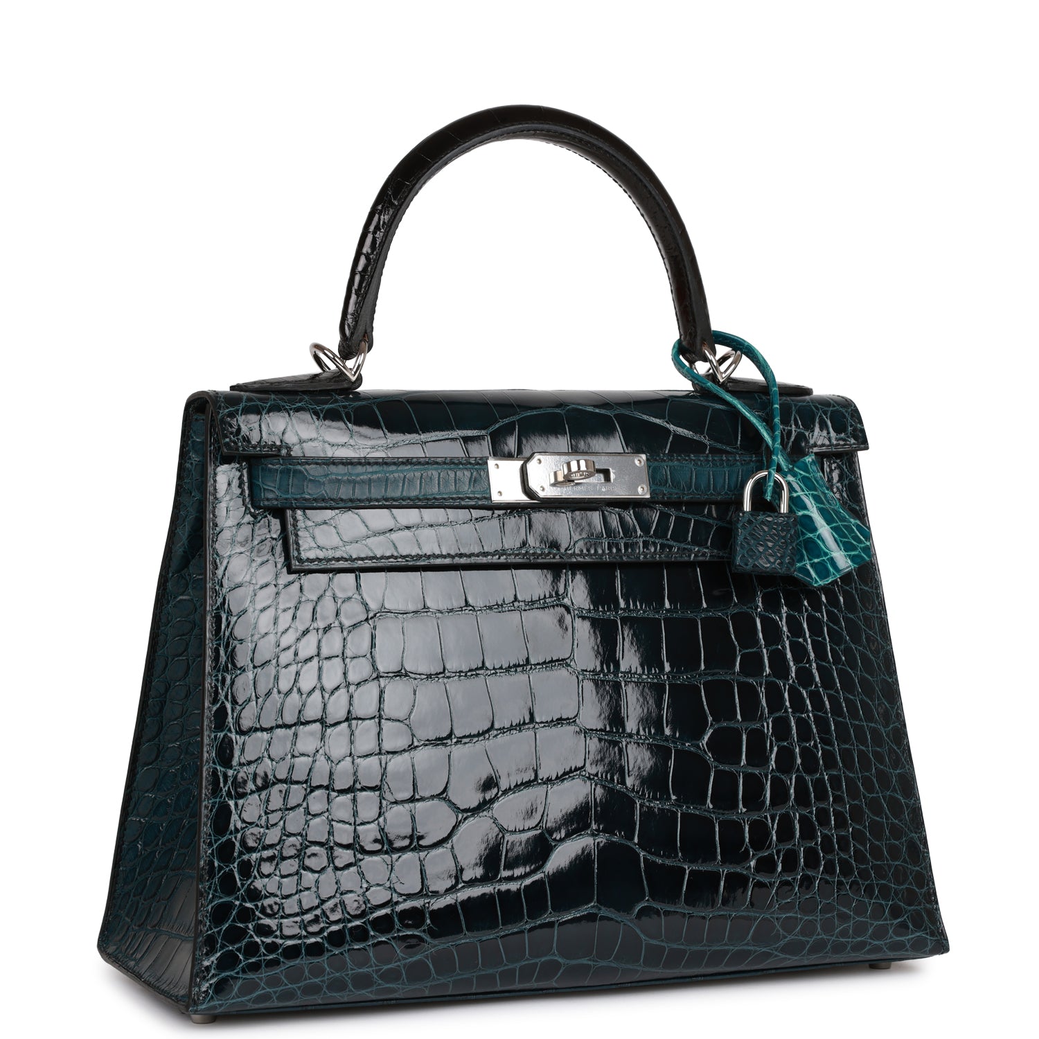 Hermès Kelly Sellier 28 Tri-color Black, Vert Rousseau and Vert Bosphore Shiny and Matte Alligator Palladium Hardware
