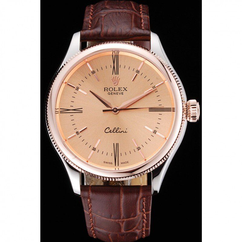 ROLEX Cellini Gold Dial And Bezel Stainless Steel Case Brown Leather Strap 622840