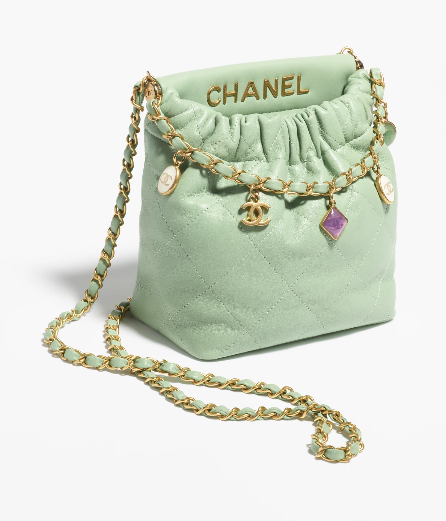 SMALL BUCKET BAG Lambskin, Resin & Gold-Tone Metal Light Green