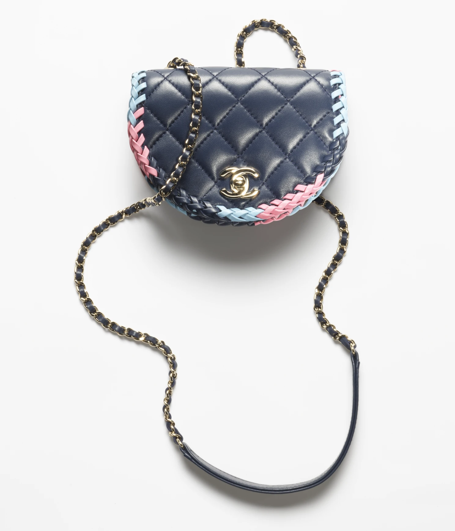 MINI MESSENGER BAG Lambskin & Gold Metal Navy Blue, Light Blue & Pink