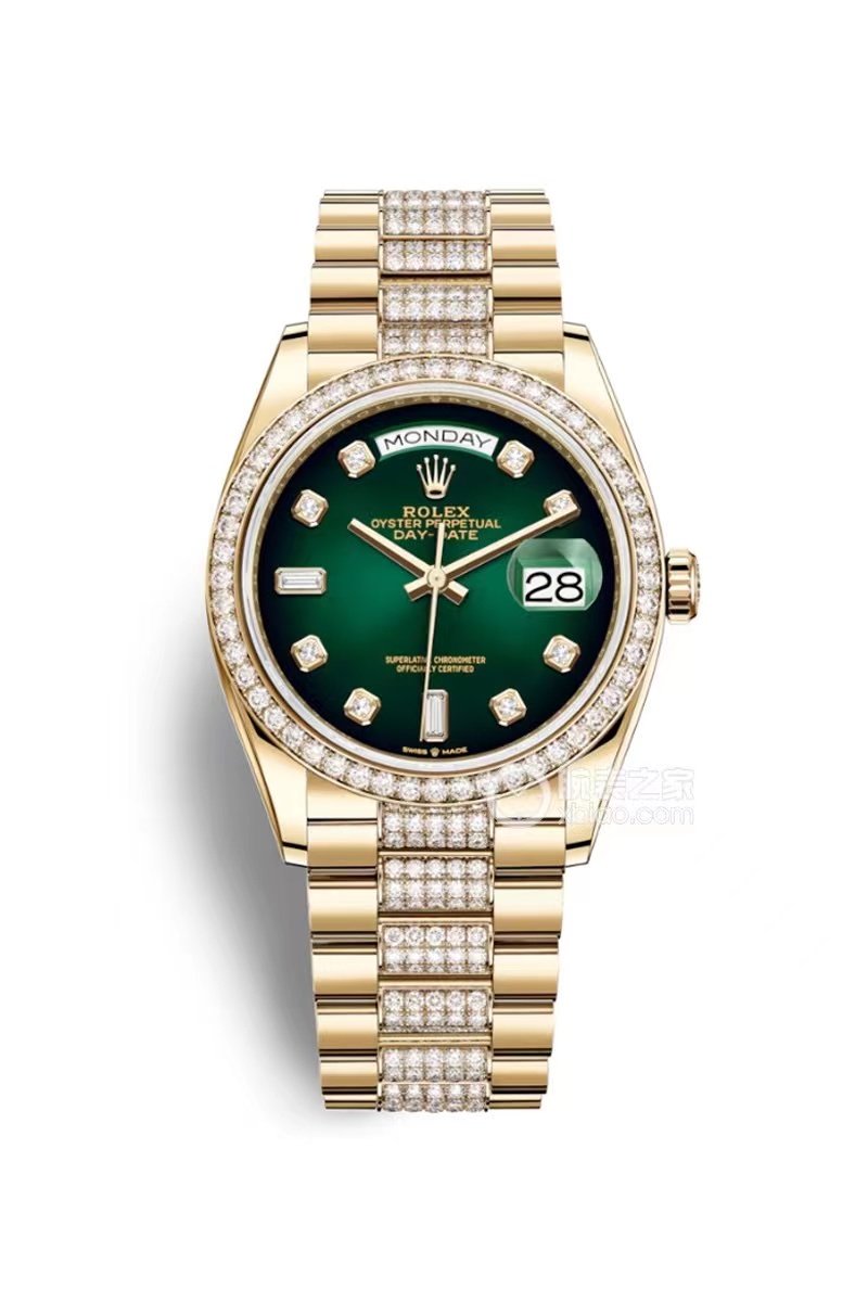 ROLEX Day-Date 36 Green Ombre Diamond Dial Yellow Gold President Automatic Watch 128348rbr
