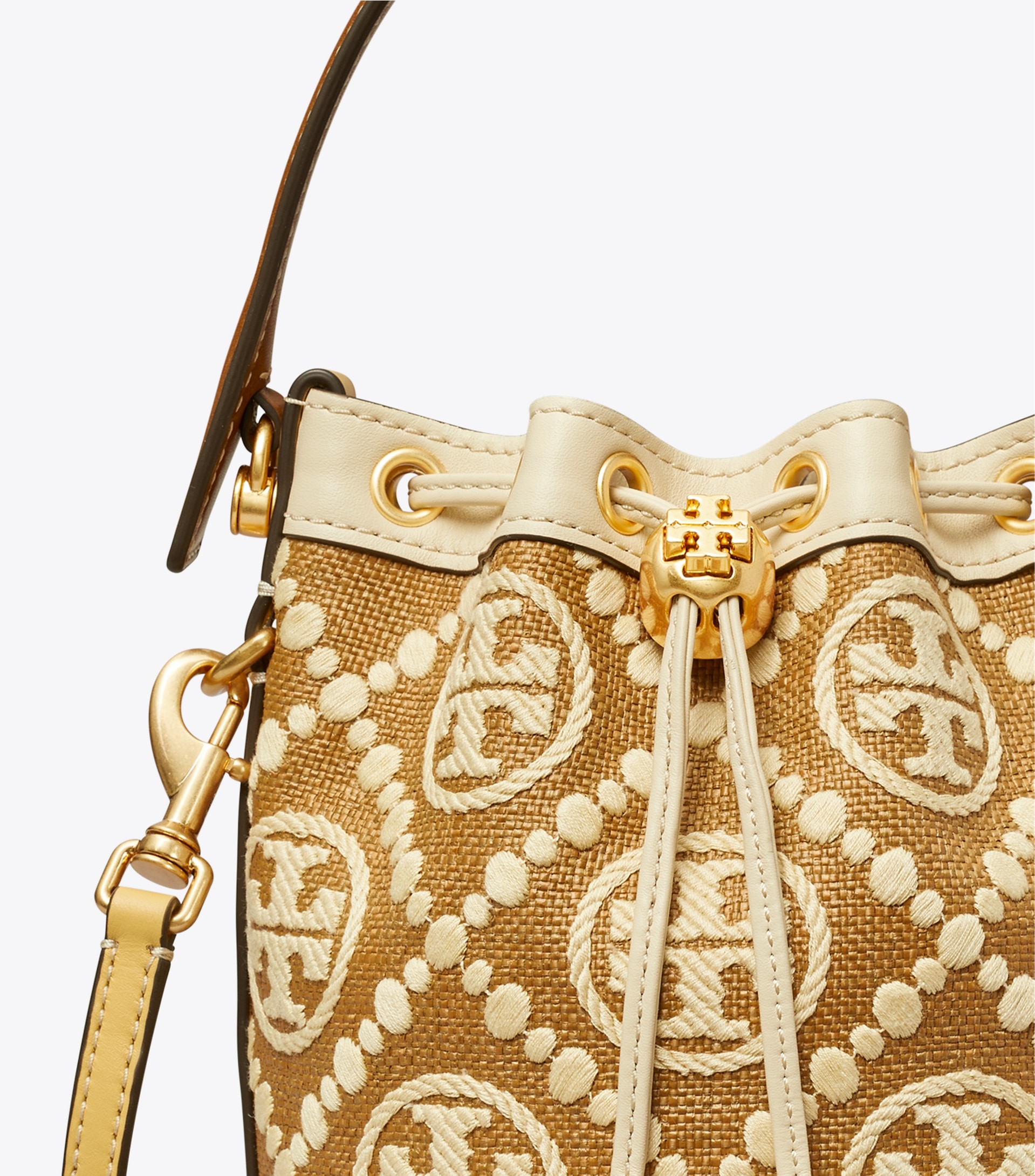 T MONOGRAM EMBROIDERED RAFFIA MINI BUCKET BAG