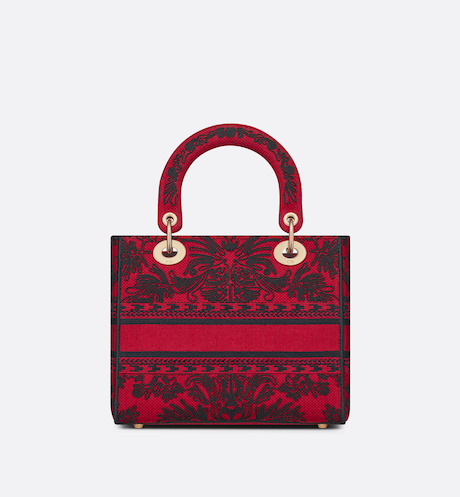 MEDIUM LADY D-LITE BAG Red and Black Ornamental Cornely-Effect Embroidery