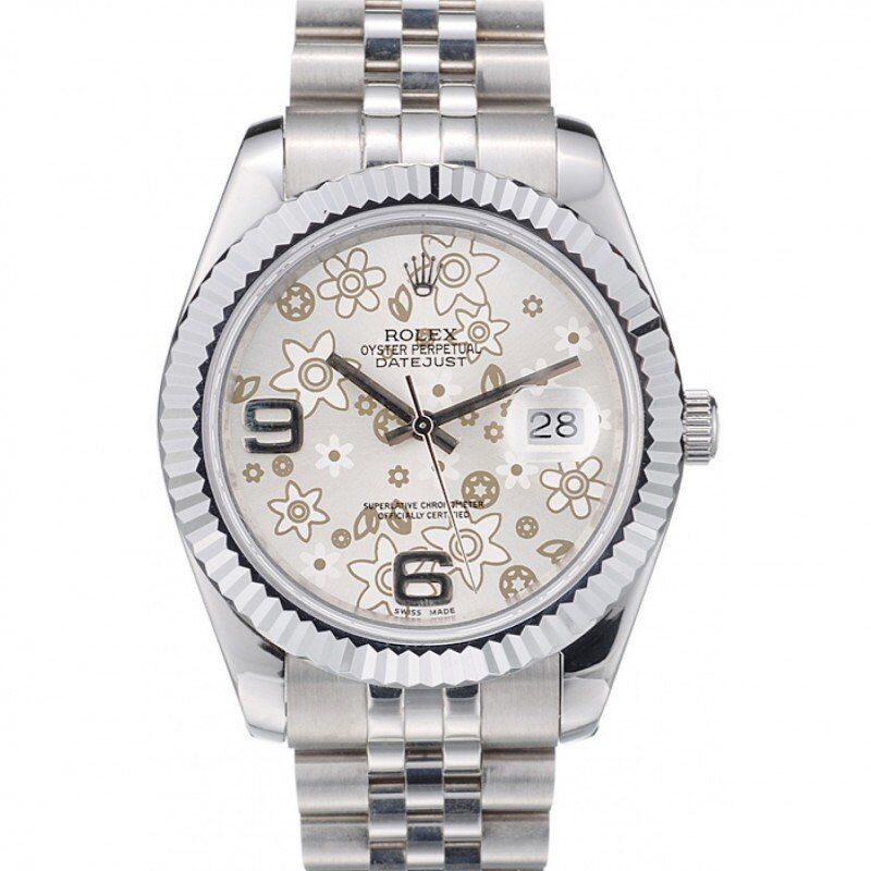 ROLEX DateJust Stainless Steel Ribbed Bezel Flower Silver Dial 41983