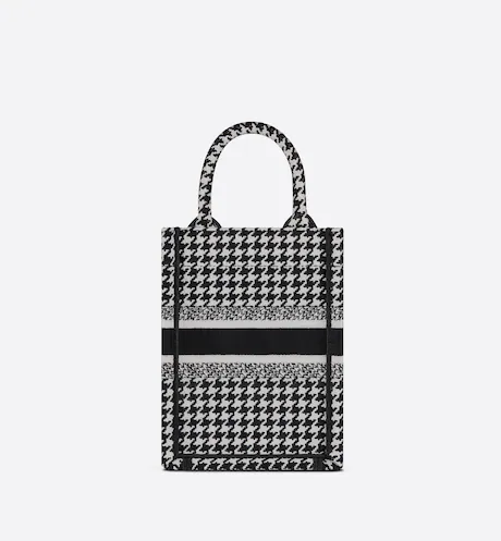 MINI DIOR BOOK TOTE PHONE BAG Black and White Micro Houndstooth Embroidery (13 x 18 x 5 cm)