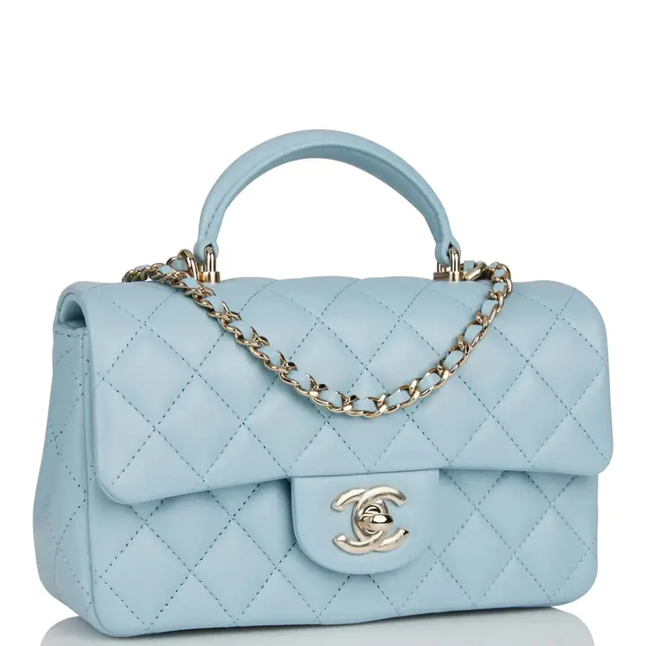 CHANEL Mini Rectangular Flap with Top Handle Blue Lambskin Light Gold Hardware