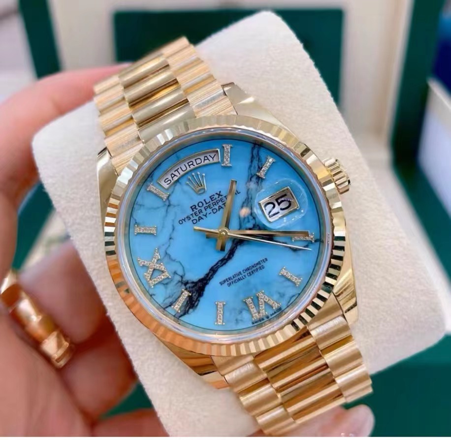 ROLEX Day-Date 36mm Blue  Diamond Dial Yellow Gold President Automatic Watch m128238-0071