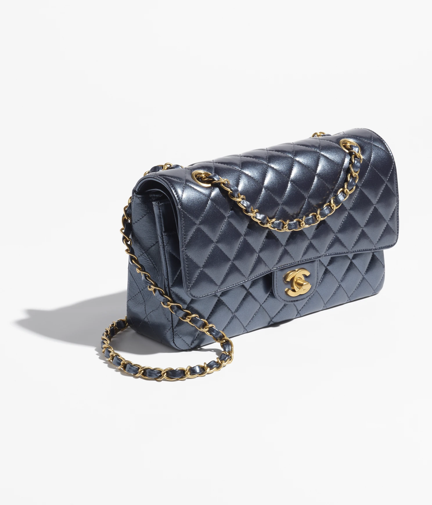 CLASSIC HANDBAG Metallic Calfskin & Gold Metal Navy Blue