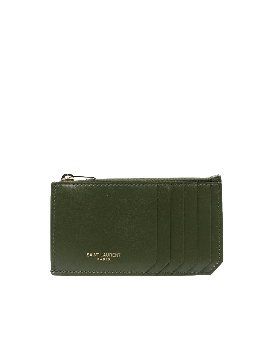 YSL Fragments Zipped Card Case in Dark Pine