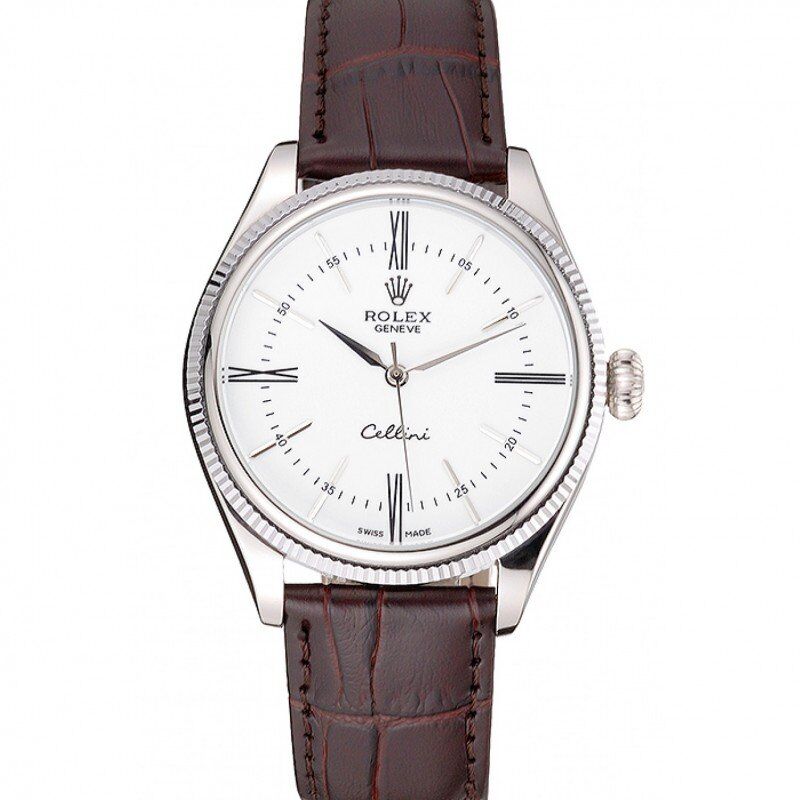 ROLEX Cellini White Dial Stainless Steel Case Brown Leather Strap 622839