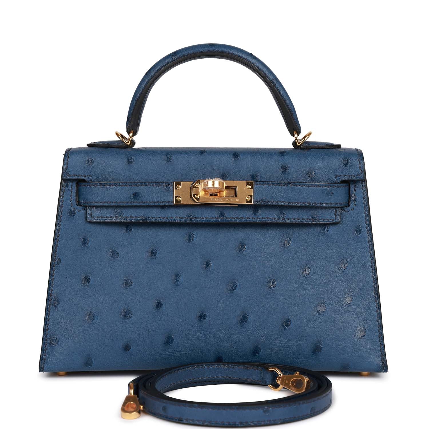 Hermès Kelly Sellier 20 Bleu Iris Ostrich Gold Hardware