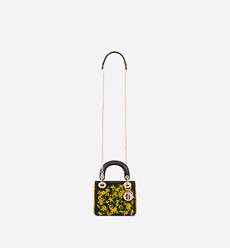 MINI LADY DIOR BAG Yellow and Green Black Mimosa Embroidered Satin