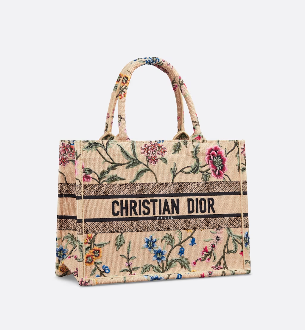 MEDIUM DIOR BOOK TOTE Natural Multicolor Raffia Embroidered with Dior Petites Fleurs (36 x 27.5 x 16.5 cm)