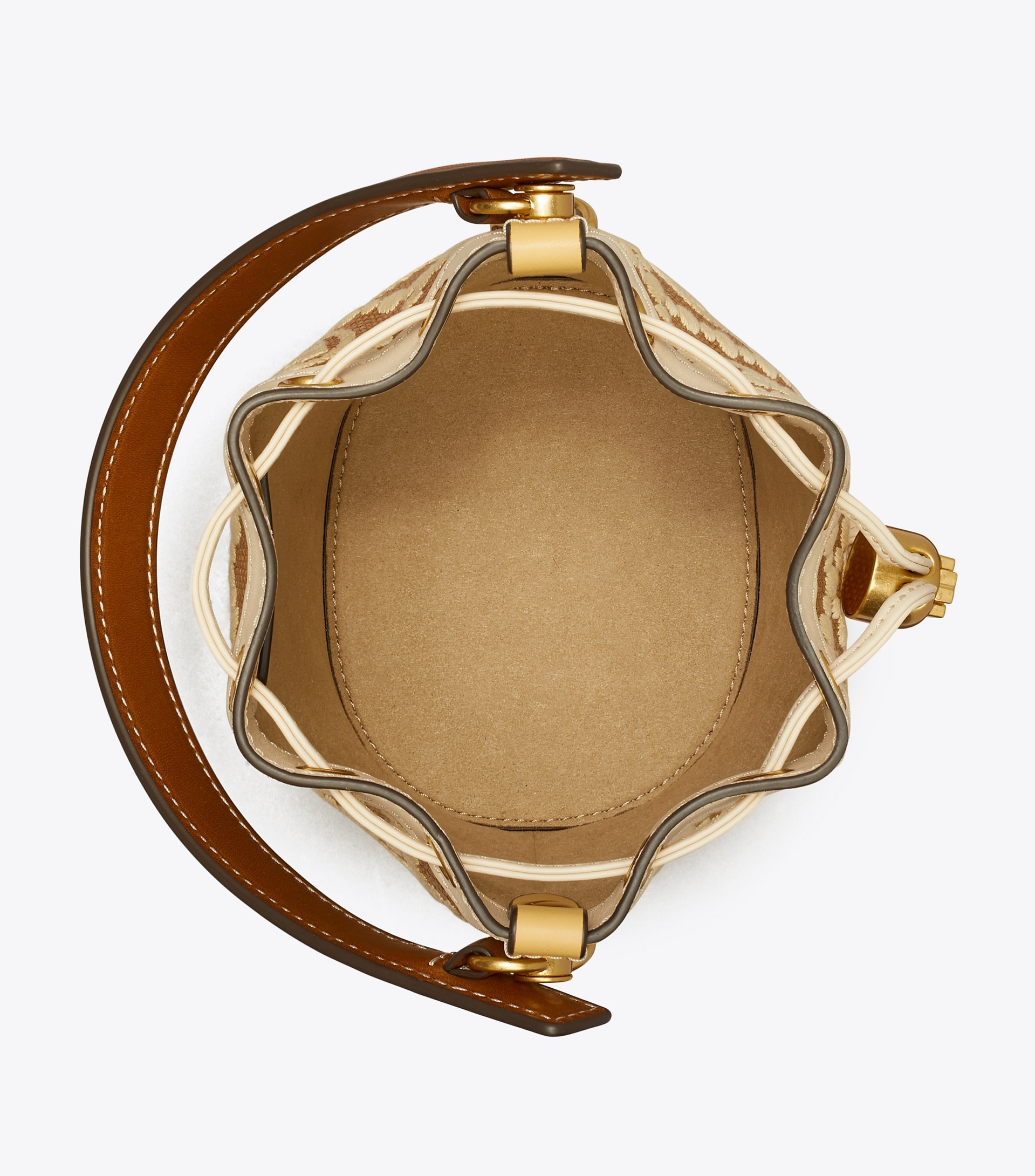 T MONOGRAM EMBROIDERED RAFFIA MINI BUCKET BAG