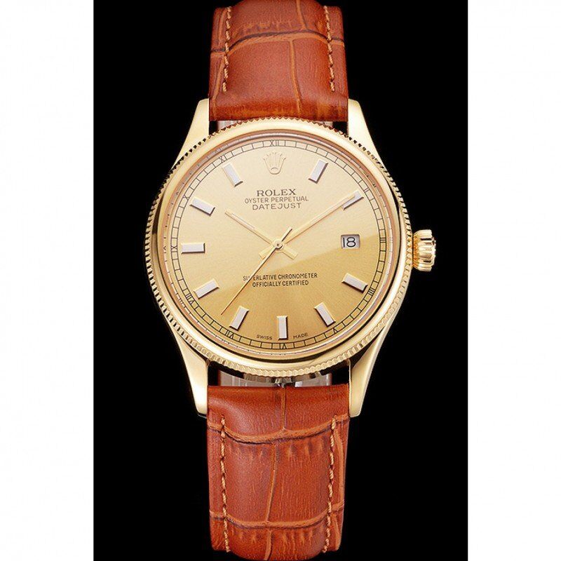 ROLEX Datejust Gold Dial Gold Case Light Brown Leather Strap