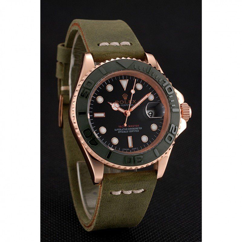 ROLEX Yacht-Master Black Dial Green Bezel Rose Gold Case Green Leather Bracelet 1453862