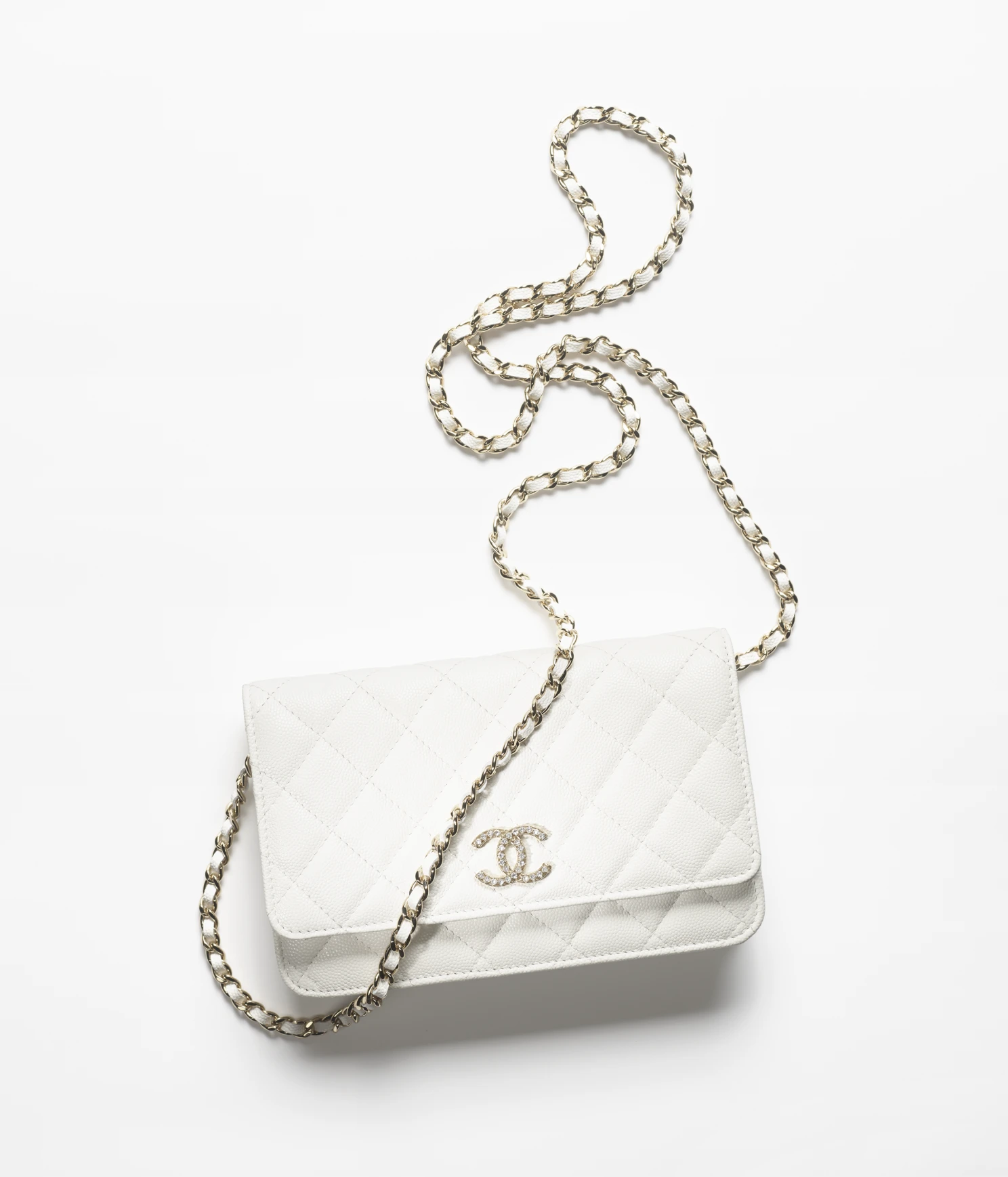 WALLET ON CHAIN Shiny Grained Calfskin, Strass & Gold-Tone Metal White