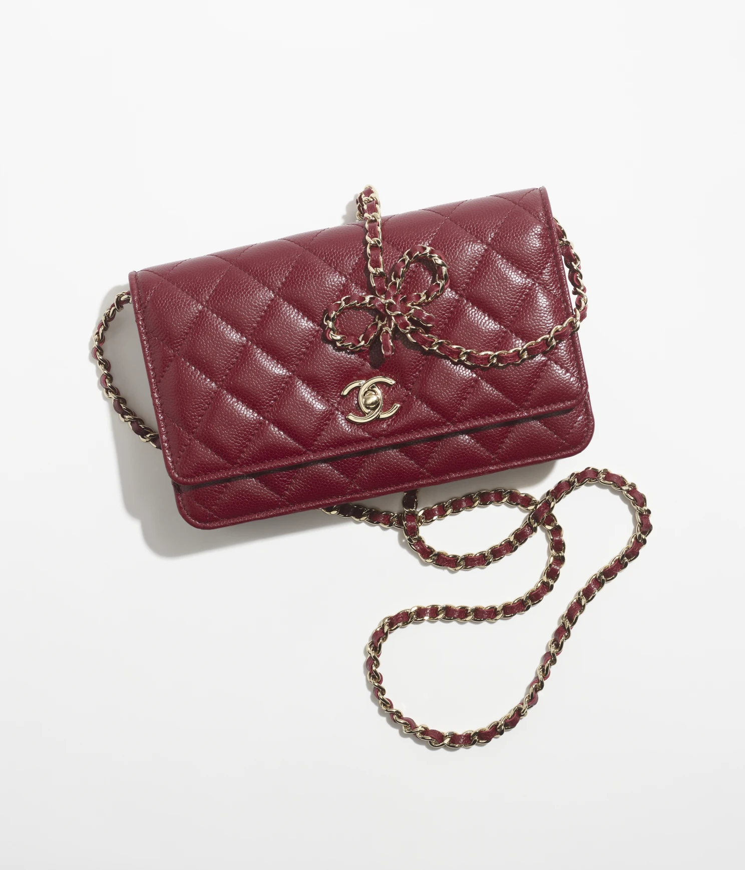 WALLET ON CHAIN Grained Calfskin & Gold-Tone Metal Burgundy