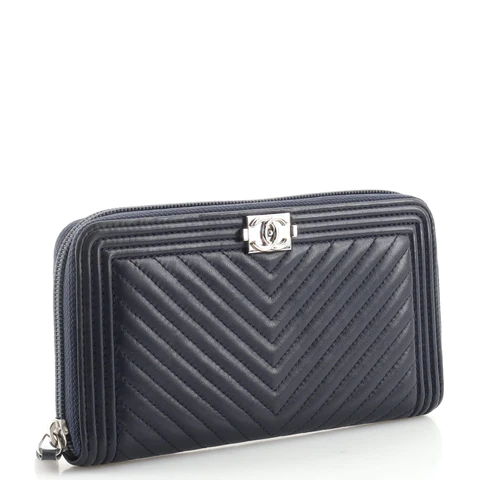 Chanel Boy Zip Around Wallet Chevron Calfskin Long