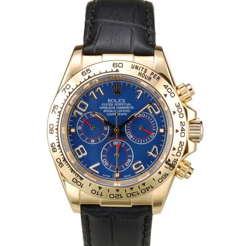 ROLEX Daytona Gold Case Blue Dial Black Leather Strap