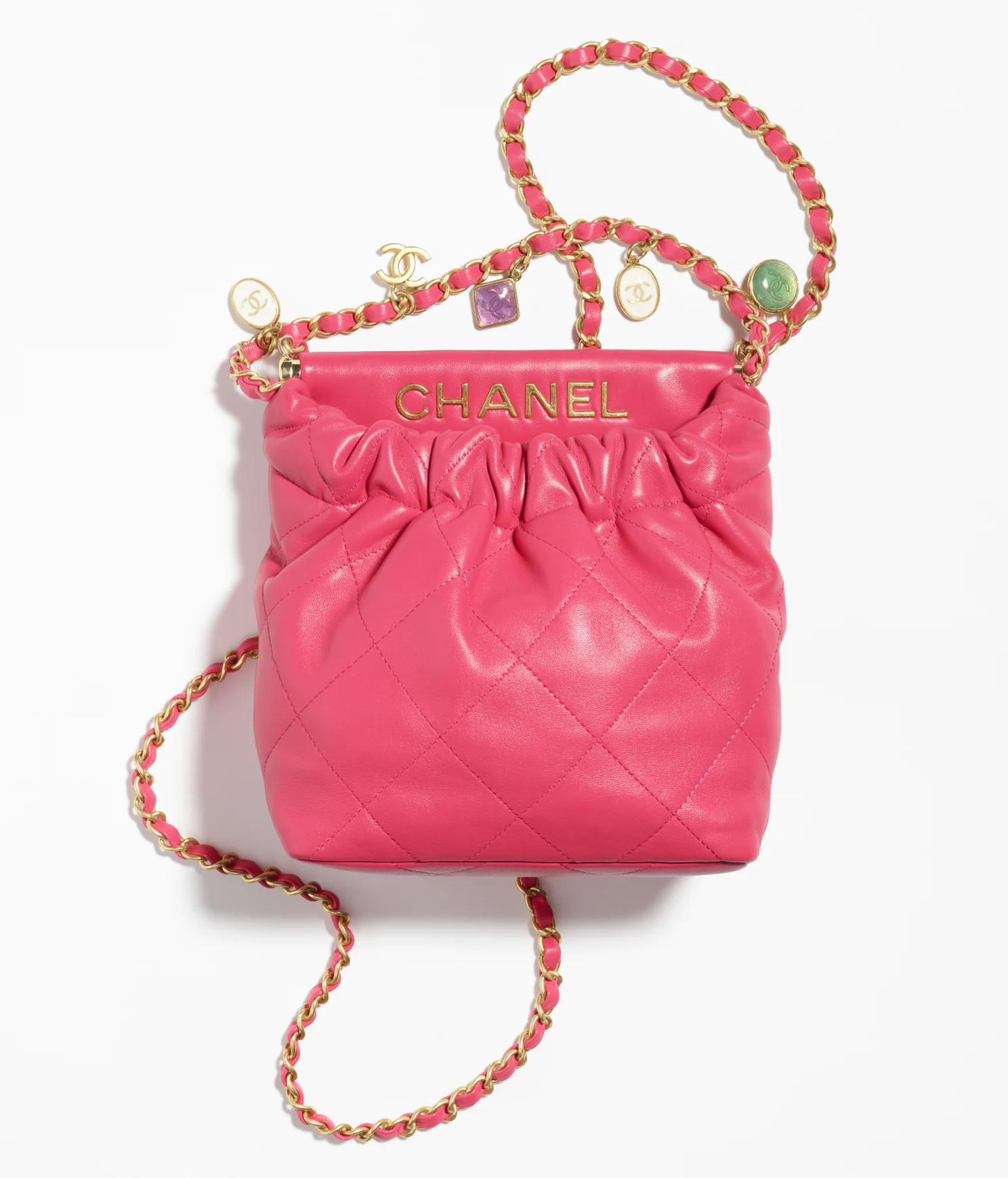 SMALL BUCKET BAG Lambskin, Resin & Gold-Tone Metal Pink