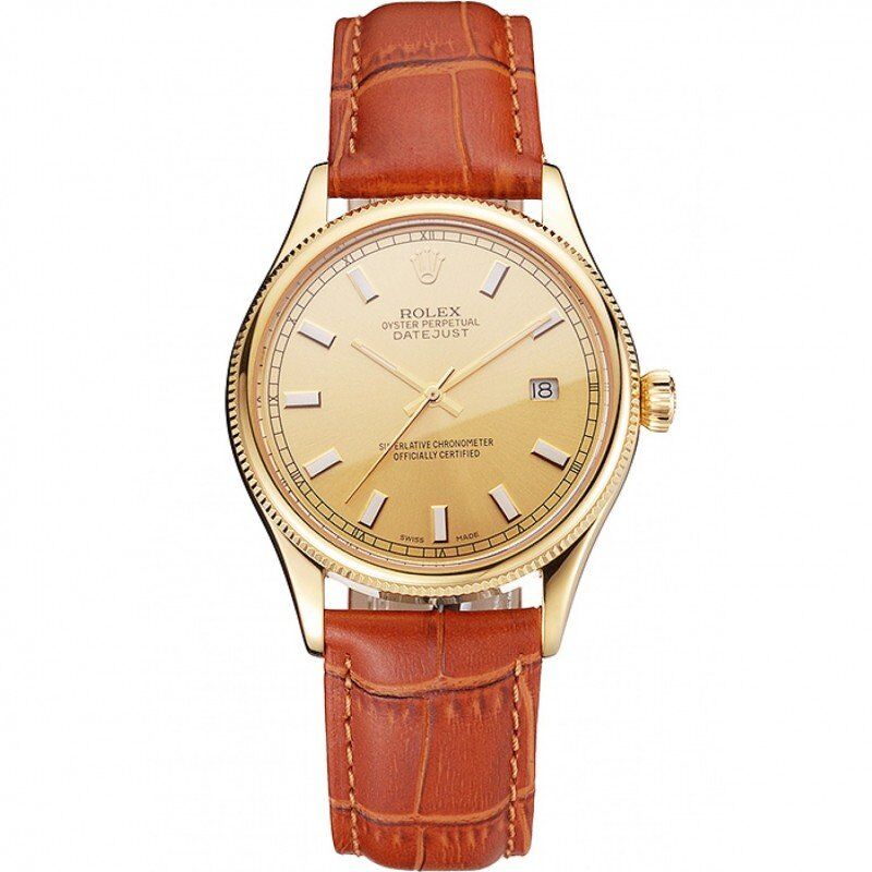 ROLEX Datejust Gold Dial Gold Case Light Brown Leather Strap